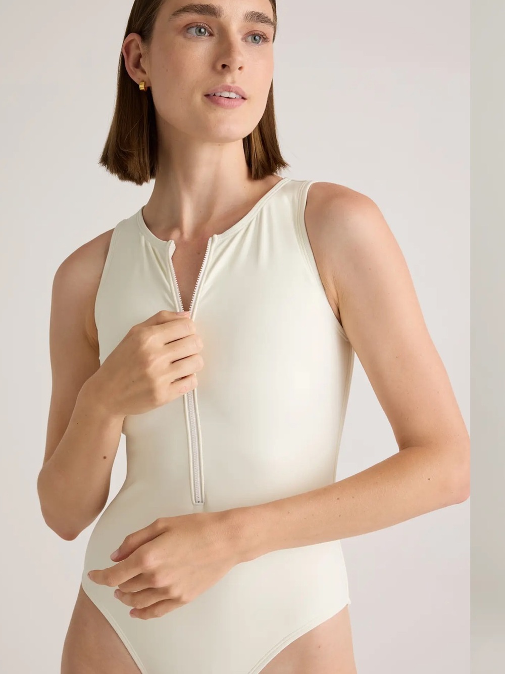 NWT Sleeveless Italian Zip-Front One-Piece Swimsuit in Cream IVORY (bin 13)